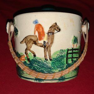 Biscuit Jar Ceramic With Rattan Handle Horses and Riders  Made In Japan